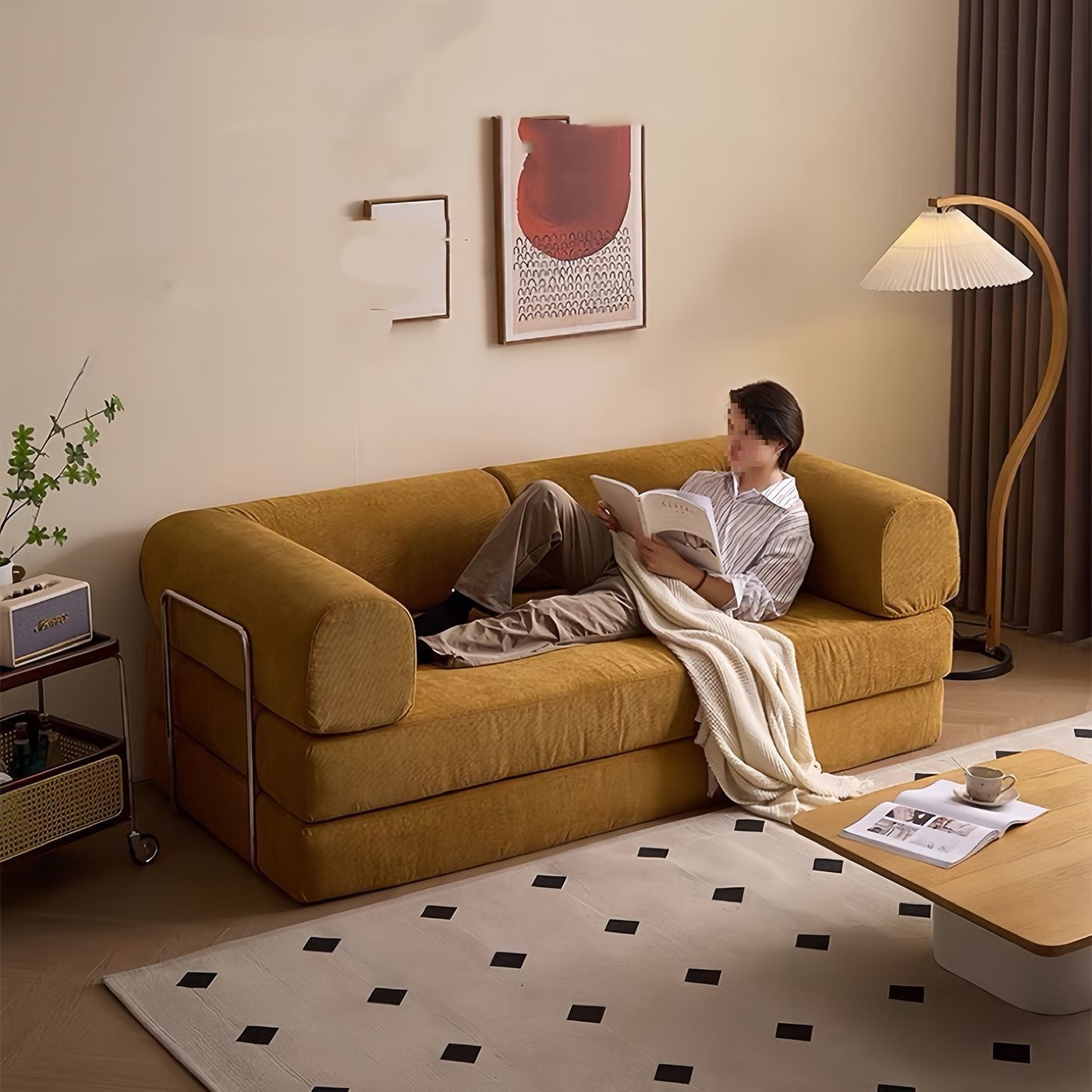 Compressed Sofa Retro Living Room Modern Simple Folding Dual-Purpose Small Apartment Module Sofa Fabric Lazy Sofa Bed