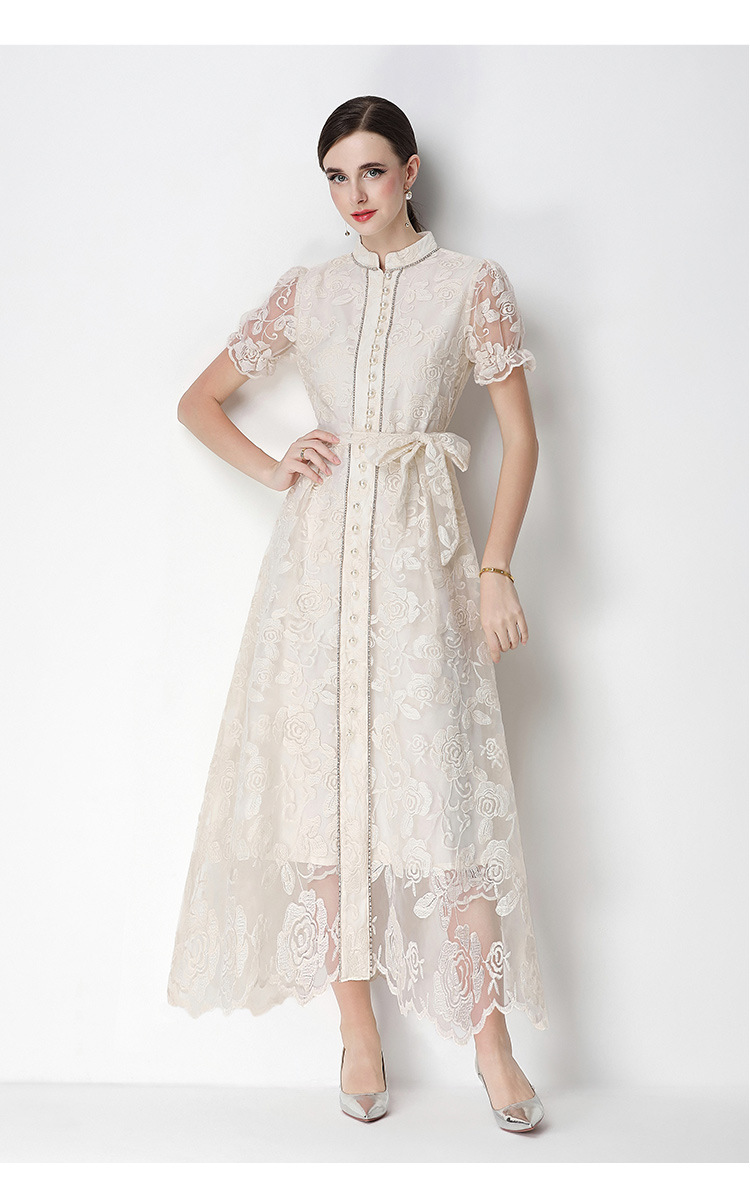 Đầm maxi nữ thêu ren họa tiết rỗng, tay ngắn, cổ tròn, thắt eo, dài qua gối — xanh lam, màu hồng, màu mơ chi tiết 17