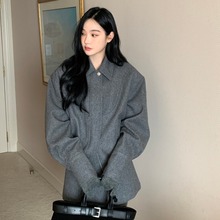 韩国chic 冬季法式复古宽松休闲夹克呢子外套+高腰半身裙时尚套装