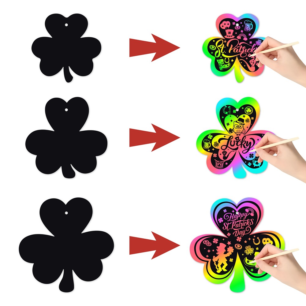 Nuevo estilo transfronterizo Día de San Patricio DIY Scratch Painting Irish Festival de tarjetas de rascar de trébol Adornos festivos