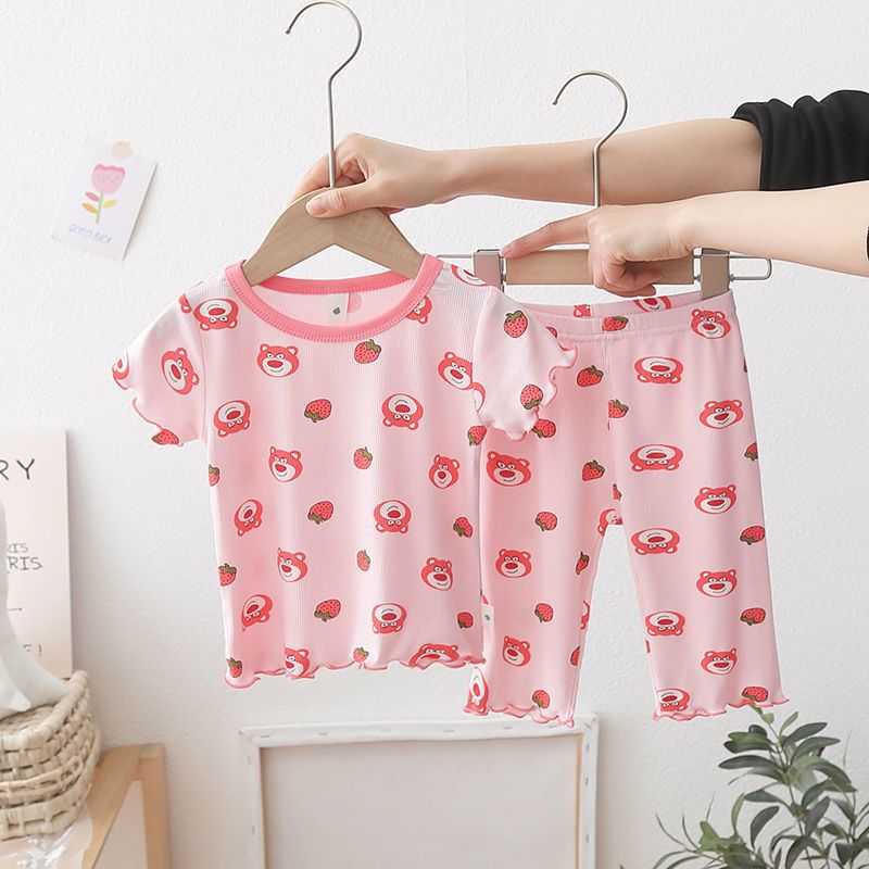 Las niñas de seda de hielo desgaste traje de estilo occidental verano nuevo estilo coreano bebé niñas hielo seda fresco pijamas desgaste del hogar conjunto