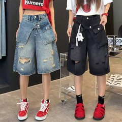 大きいサイズのリップドデニムショートパンツ女性用2025年夏新作ファットmmスリムハイウエストカジュアルルーズワイドレッグ5点パンツ