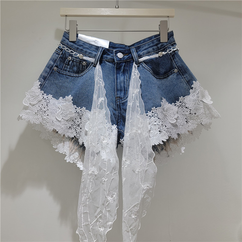 Pantalones Cortos Jeans con Encaje de Denim de Poliéster Cintura Baja Diseño de Empalme