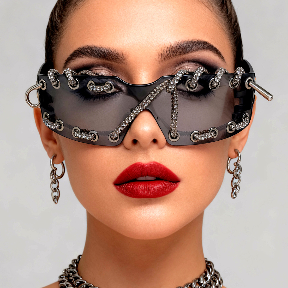 Cyberpunk Y2K Frameless Punk Flash Diamond Metal Ring Rivet Retro Futuristic Party Sunglasses_voghion.com