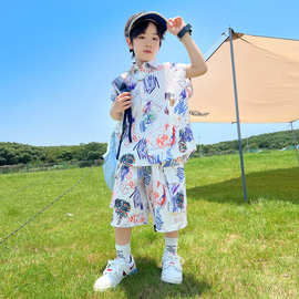 男童套装夏季薄款2026新款儿童背心花衬衫大童冰丝短袖涂鸦痞帅潮