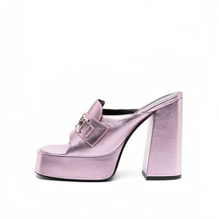 European and American Cross-Border Foreign Trade Square Toe Open Toe Thick Heel High Heels Large Size Outer Wear Sandals and Slippers Waterproof Platform Metal Buckle Half Slippers