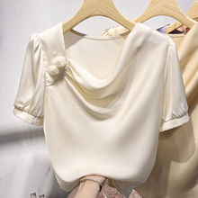 2023新款韩国气质显瘦方领褶皱立体花朵短袖雪纺衫女夏季薄款衬衫