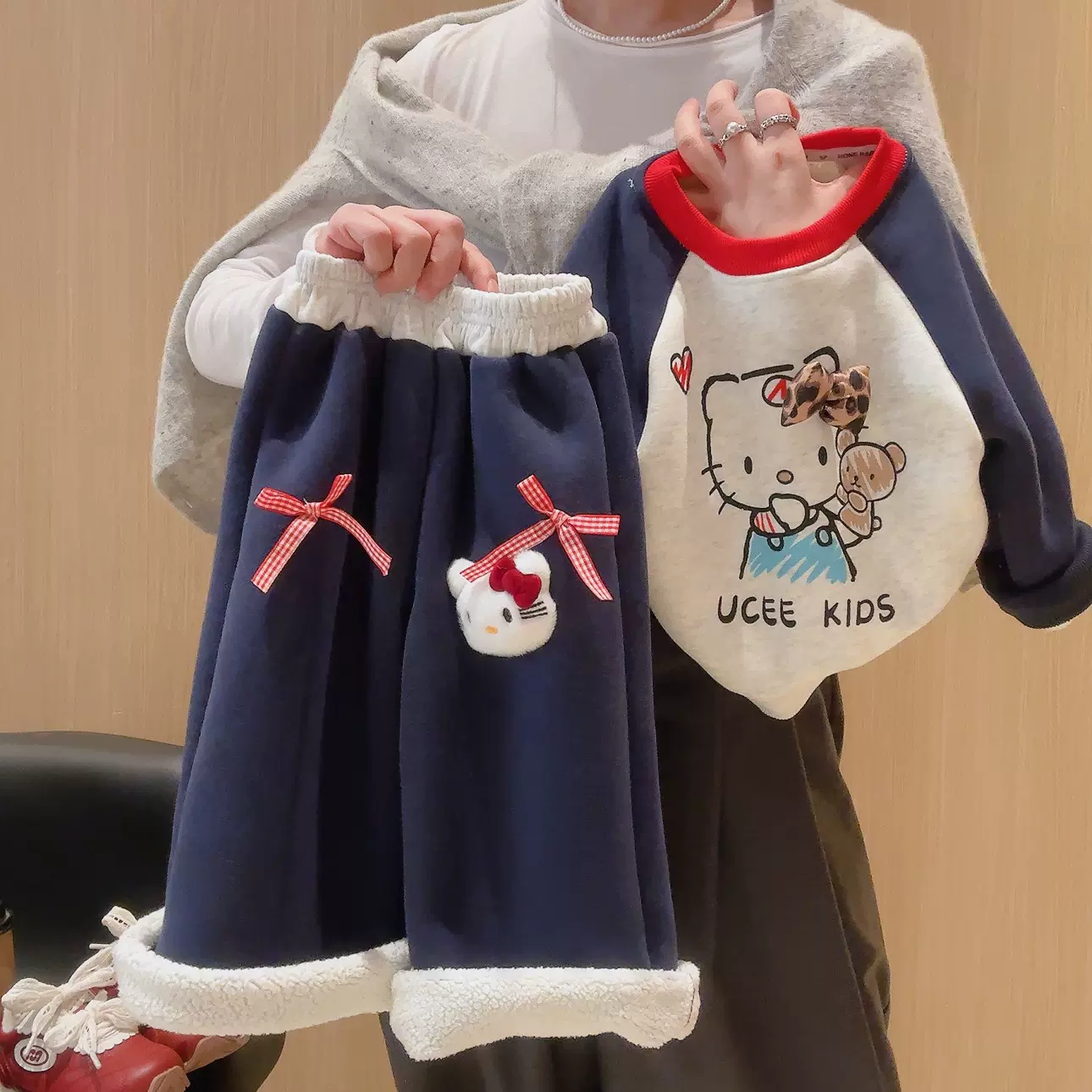 女童套装可爱立体玩偶卡通猫咪秋冬季新款加绒加厚卫衣裤子两件套