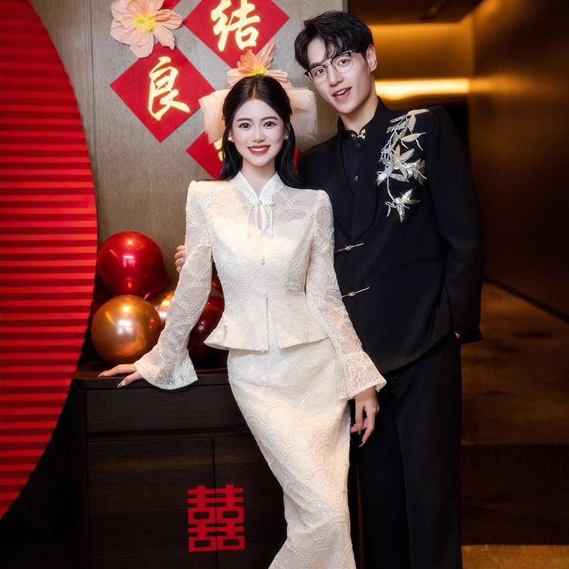 Champagne-Colored Engagement Qipao Toast Dress 2026 New Summer Bride New Chinese-Style Wedding Dress Long-Sleeve Dress Champagne-Colored Engagement Qipao Toast Dress 2026 New Summer Bride New Chinese-Style Wedding Dress Long-Sleeve Dress