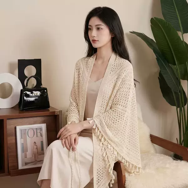 2026 Summer New Style Ice Silk Cotton Knitted Hollow-Out Tassel Cheongsam Travel Photography Versatile Sun Protection Triangle Scarf Shawl