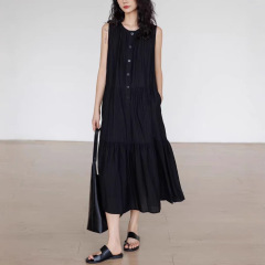 黒のレイジースタイルベストスカート女性のための夏の 2025 新しいラウンドネックノースリーブルーズ A ラインスカート通勤カジュアルロングスカート