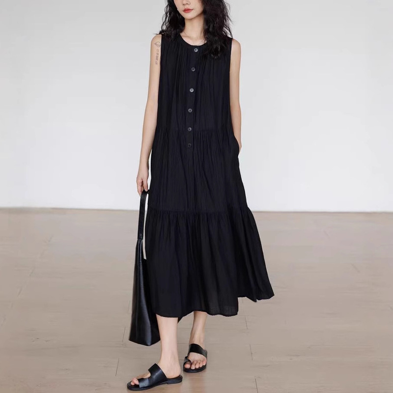 Black Lazy Style Vest Dress for Women Summer 2025 New Round Neck Sleeveless Loose A-Line Skirt Commuter Casual Long Skirt