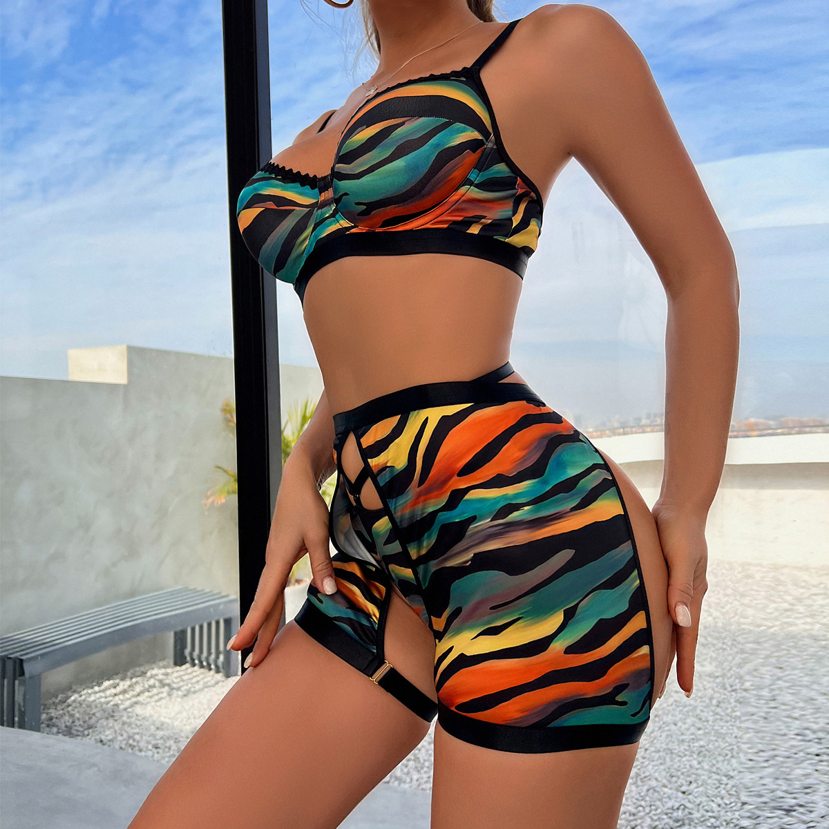 striped multi-color stitching sling high waist underwear three-piece set NSMXF128195