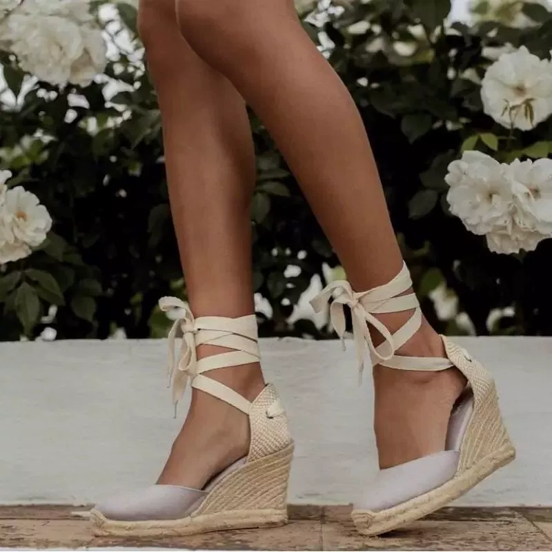 Platform Ankle-Wrap Sandals, Espadrille Wedge, Belt Strap, Plus Sizes 35–43
