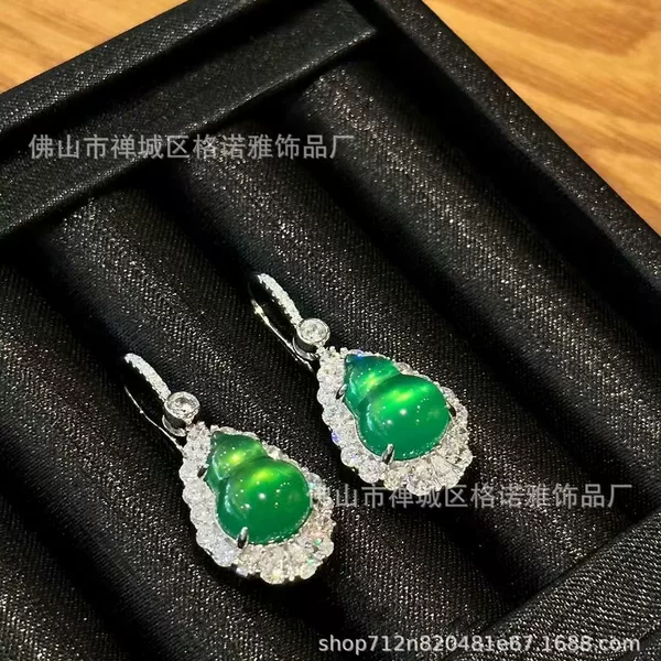 Wholesale Non-Fading Natural High-Quality Ice Green Jade Gourd Earrings, Fashionable and Elegant Chalcedony Ear Jewelry with a Light Luxury and High-End Feel for Women