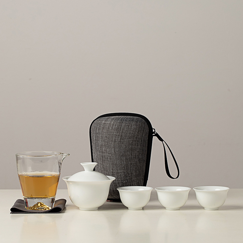 徳化白磁旅行用功夫茶セット、蓋付きボウル、ガラス製急須、携帯用バッグ、中秋節のお土産ギフト、ロゴ入り|undefined