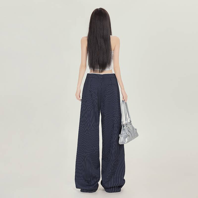 卸売ストライプ巾着弾性ウエストデザインレースカジュアルパンツ女性通勤多用途ハイエンドルーズワイドレッグパンツ女性|undefined