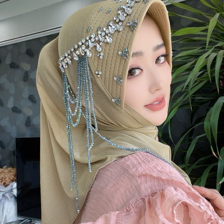 Foreign Trade Star-Patterned Gauze Sponge Soft Brim Hat with Convenient Pull-On Style Gauze Headscarf (Light Luxury Rhinestone Tassel Style)