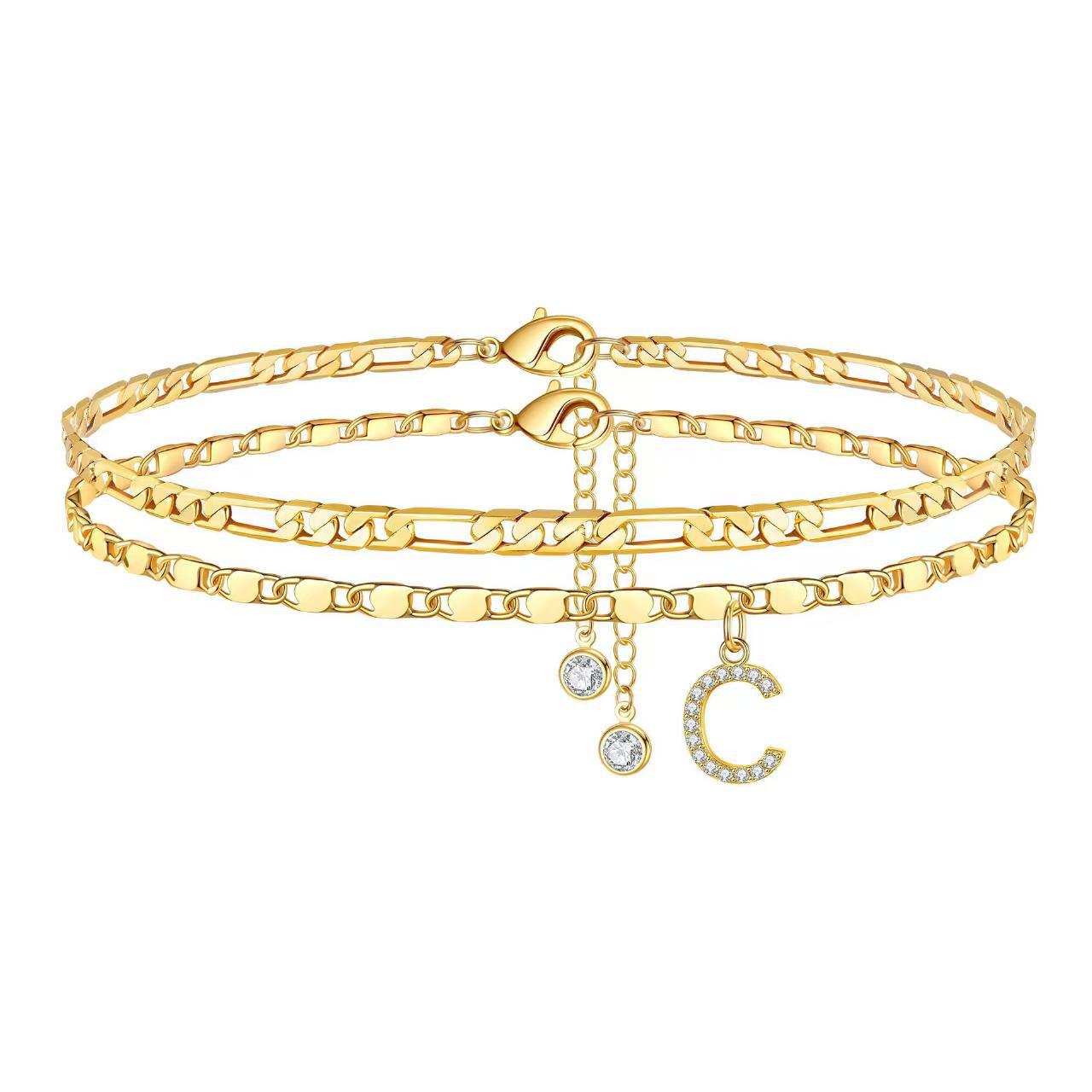 14k Gold Plated Layered Figaro Chain Anklet Set With Cz Initials_voghion.com