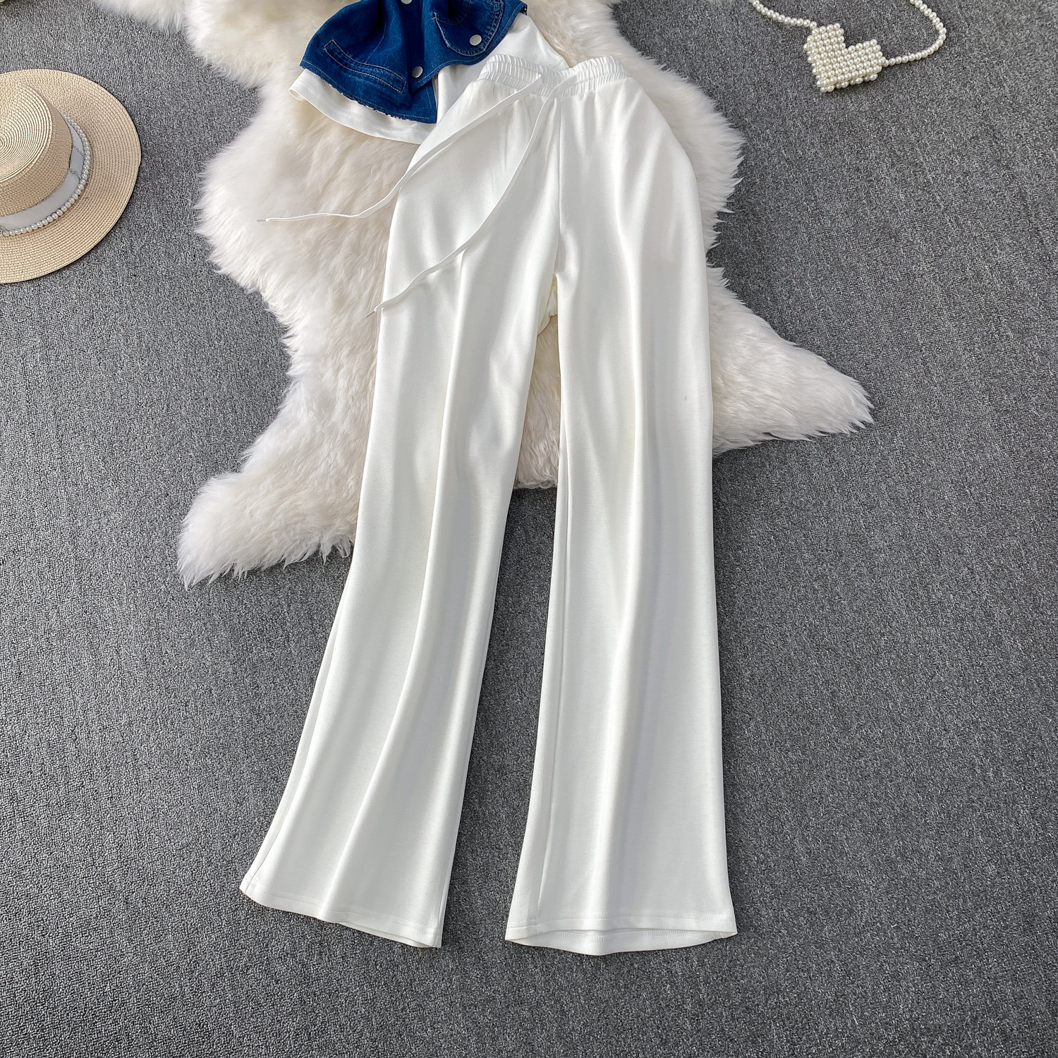 Women's Two Piece Set Denim Short Sleeved Top High-Waisted Slim Straight Leg Pants Fashion Slimming Wide Leg_ecoleips.com