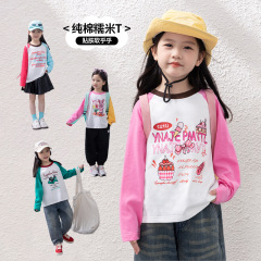 女の子 Tシャツ 2025 秋の新スタイル子供用コントラストカラー漫画ボトムシャツ子供服ファッショナブルで多用途な長袖トップス