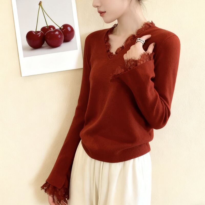 Cross-Border Women's Korean-Style V-Neck Lace Bell-Sleeve Knit Sweater, New Pullover Vintage Elegant Sweater