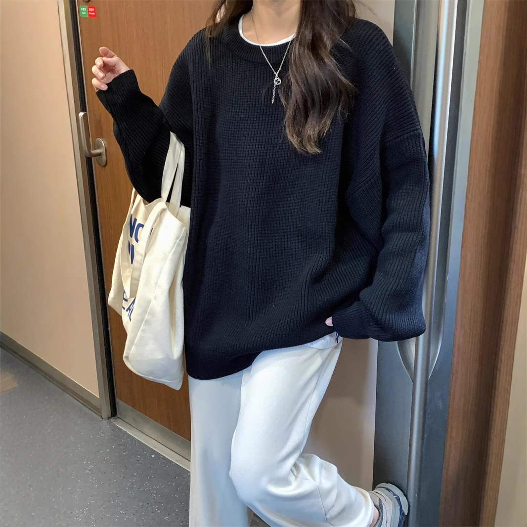 게으른 스타일 솔리드 컬러 소프트 왁스 스웨터 여성의 가을 및 겨울 착용 두꺼운 느슨한 캐주얼 내베이스 니트 탑 라운드 넥