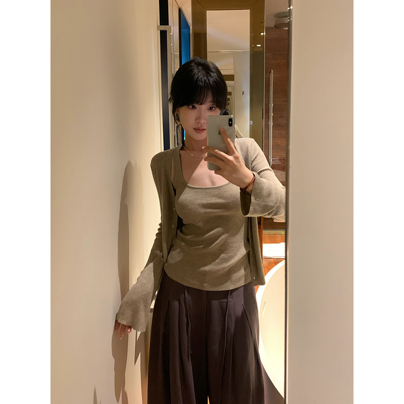 FOX ROOM Simple Wool Knit Cardigan + Camisole 2026 Autumn Casual Set W4091+W4092