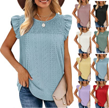 2023夏季新款欧美跨境亚马逊女装 镂空拼接无袖荷叶边T恤女