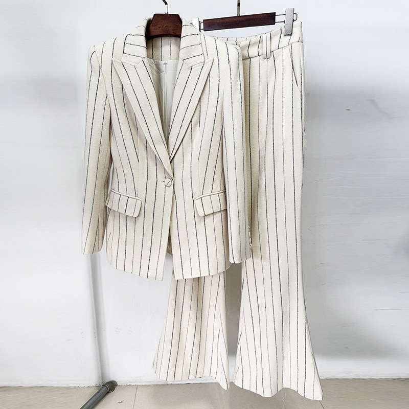 High Street Fashion 2026 New Designer High-End Vertical Striped Brushed Wool Suit Jacket and Pants Two-Piece Set High Street Fashion 2026 New Designer High-End Vertical Striped Brushed Wool Suit Jacket and Pants Two-Piece Set