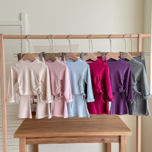 春秋新品女童纯色休闲洋气收腰长袖T恤中小童显瘦喇叭裤百搭套装