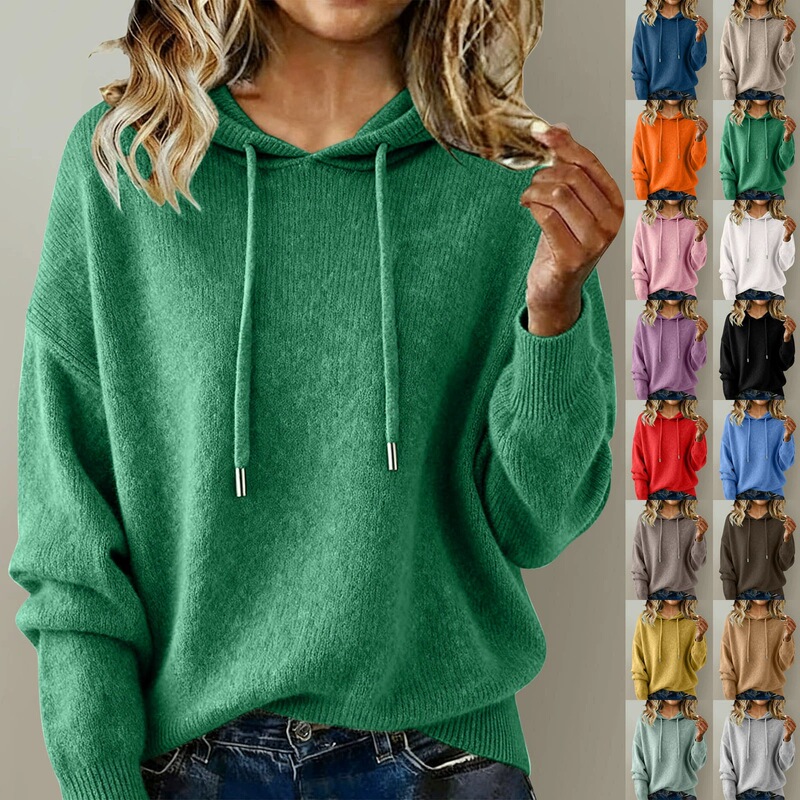 2026 Cross-Border Temu Amazon European and American New Women's Hooded Drawstring Sweater Solid Color Long-Sleeve Brushed Top