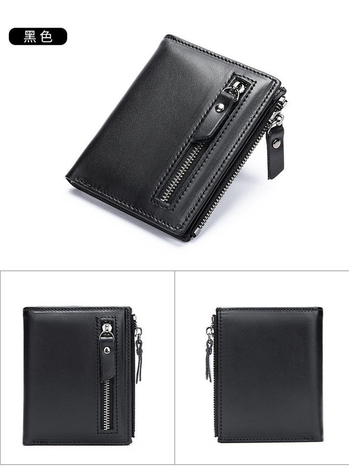Ví nam da bò thật dạng đứng có khóa kéo, nhiều ngăn đựng thẻ và tiền xu, 9×1,5×11 cm — Cà phê, Cà phê đậm, Màu đen chi tiết 27