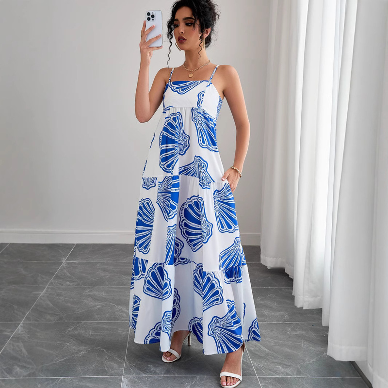Actual Shot of European and American Cross-Border 2025 New Amazon Casual Suspender Layered Dress Seaside Vacation Long Dress
