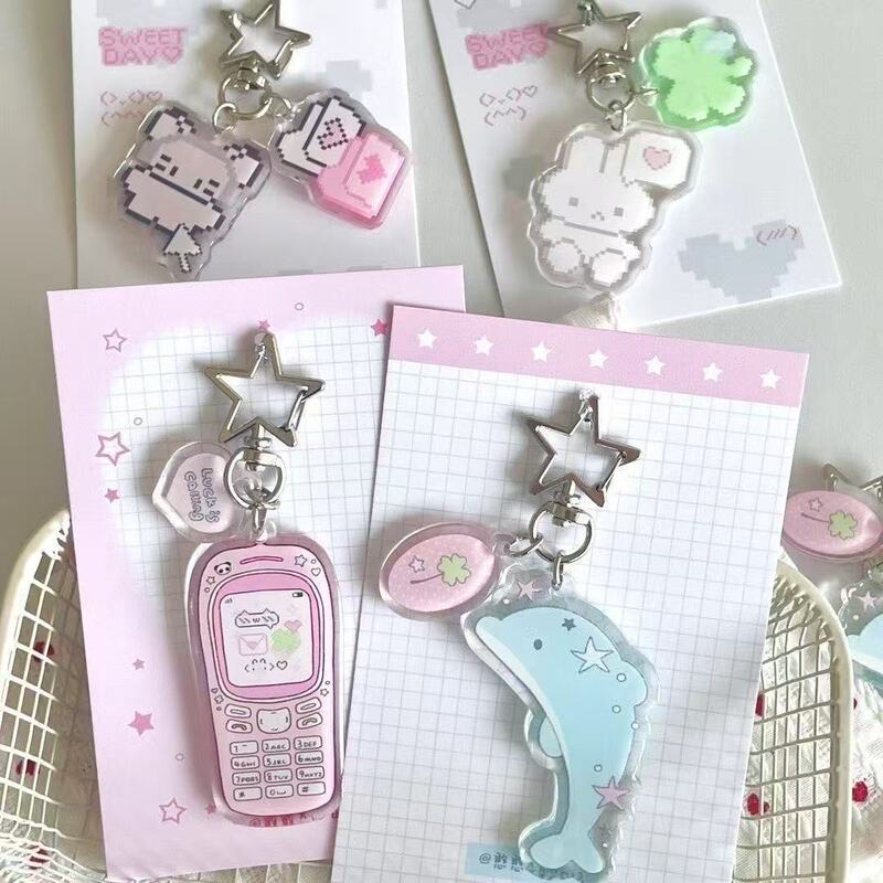 Cartoon Cute Retro Pixel Keychain, Fun Acrylic Backpack Pendant, Niche Gift