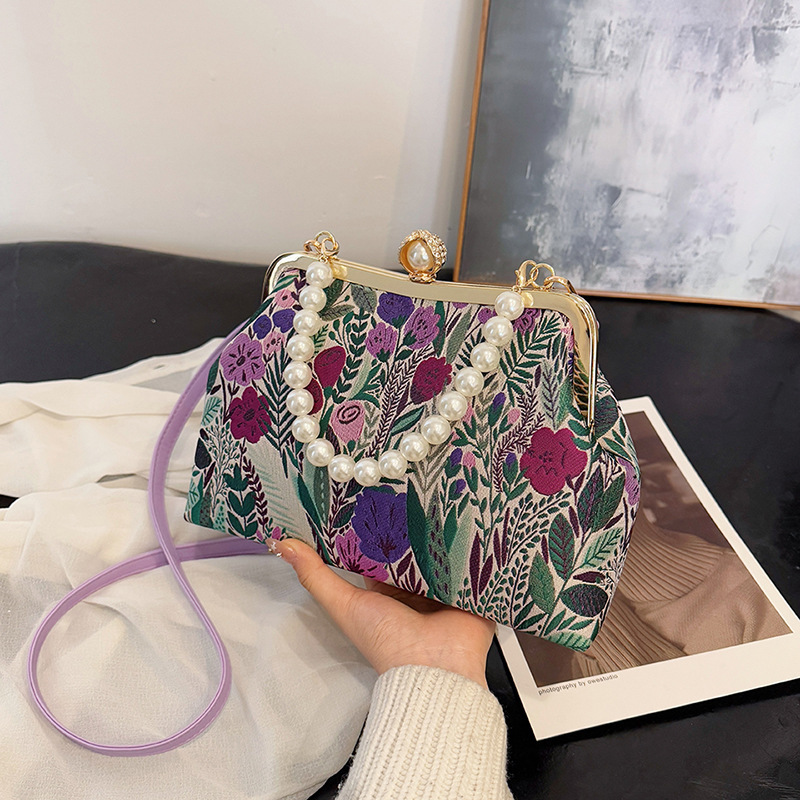 2025新中国式花刺繍斜めショルダーバッグバックルデザイン真珠チェーンハンドバッグ質感高級レディースバッグ|undefined