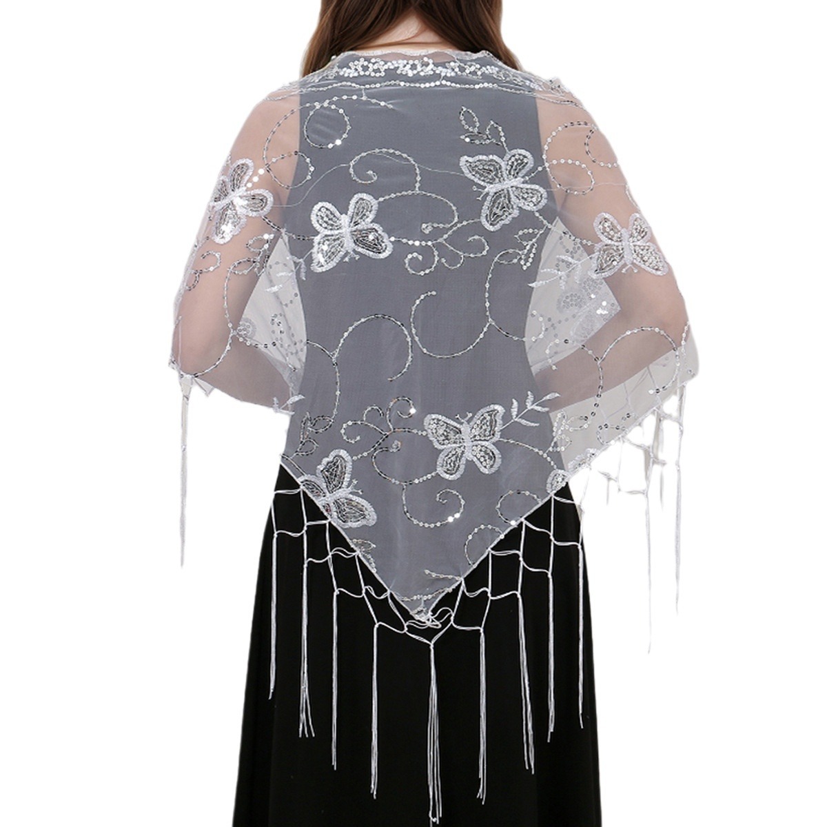 Nuevas pañuelas de malla mariposa triángulo toalla de hombro de verano con un vestido de baile cheongsam con bordas con chalelas de boda lotes
