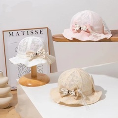 兒童蝴蝶結花朵嬰兒漁夫帽防曬帽女童漁夫帽3-12月寶寶遮陽帽子