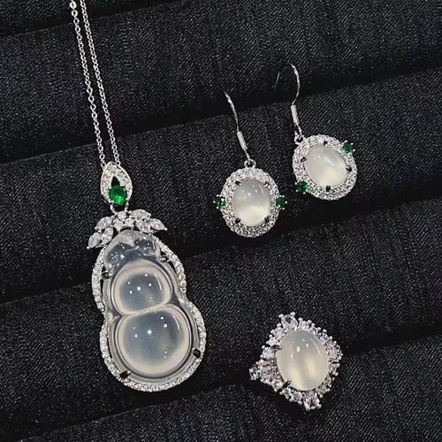 Natural white ice chalcedony set decoration 925 silver plated high ice white chalcedony pendant earrings ring jewelry