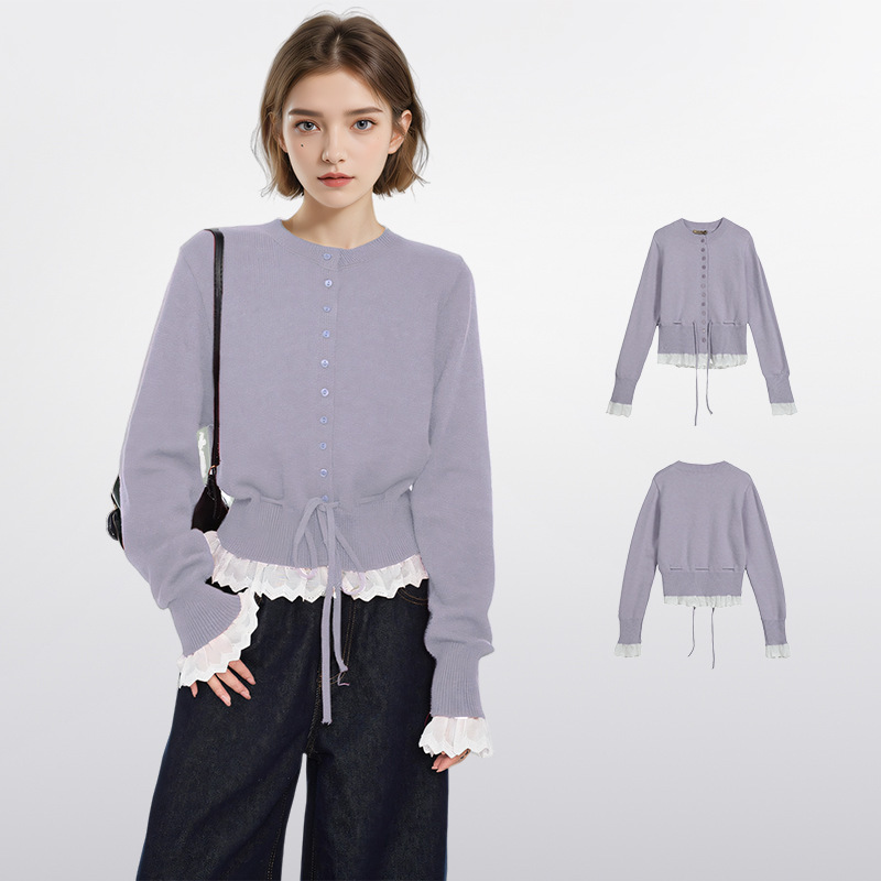 Lilac Fake Two-piece Lace Knitted Cardigan Women's Spring Design Sense Tight Waist Sweater Coat Short Top Spring