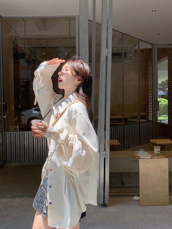 春秋设计感小众彩色纽扣衬衫长袖新款温柔奶杏色宽松衬衣外套批发|undefined