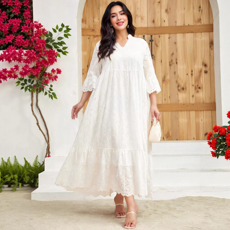 Cross-Border Plus-Size Women's Clothing New Style Lake Blue Color-Block Printed Robe with Gold Trim V-Neck Slimming Effect Cross-Border Plus-Size Women's Clothing New Style Lake Blue Color-Block Printed Robe with Gold Trim V-Neck Slimming Effect