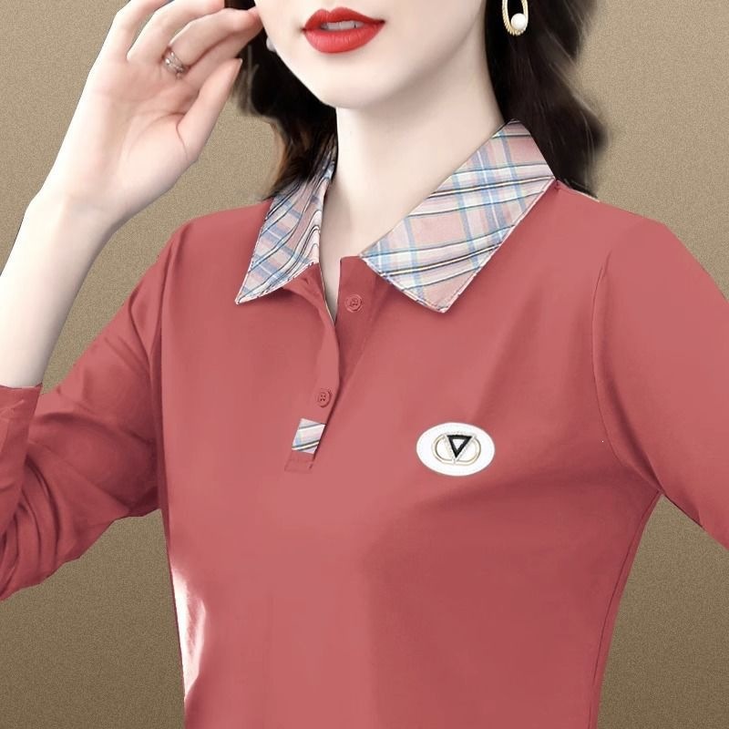 [95% Cotton, 5% Spandex] Women's Long-Sleeved T-Shirt for Spring and Autumn, Loose Fit, Elegant Collared Undershirt, Polo Collar, Stylish and Youthful.