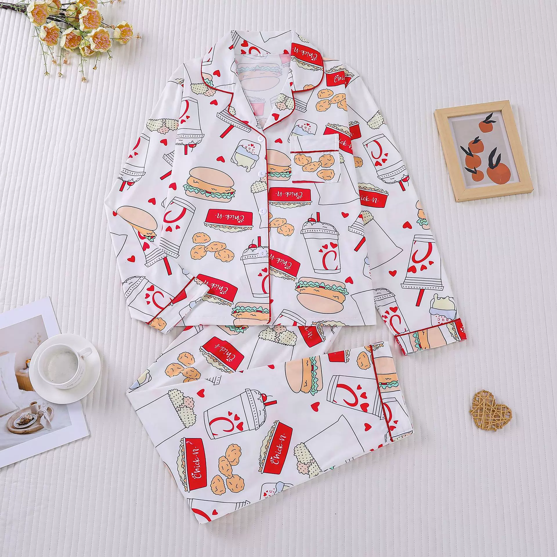 跨境外贸新款女士睡衣印花翻领长袖长裤欧美家居服women pajama