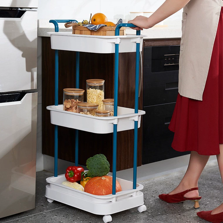 Multi-layer Rectangular Storage Shelf, 2–3 Tier Mobile Kitchen Cart, Gray or Blue