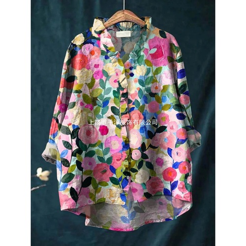 2025 European and American New Amazon Independent Store Floral Edge Collar Top 0168 Comfort Casual Linen Round Collar Short-Sleeve