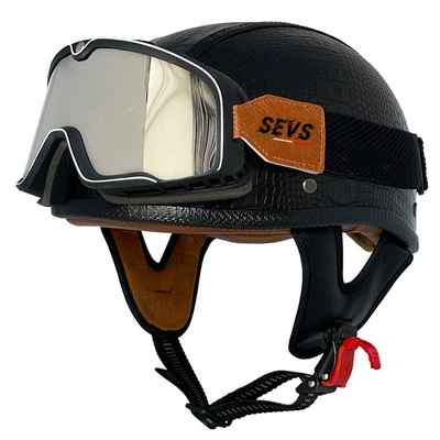Motosiklet kaskı (dəbilqə) – women's half helmet electric motorcycle - black-crocodile-leather-helmet-large-frame-goggles-m