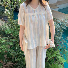 2026韩系田园碎花双层棉纱花边家居服睡衣套带发圈