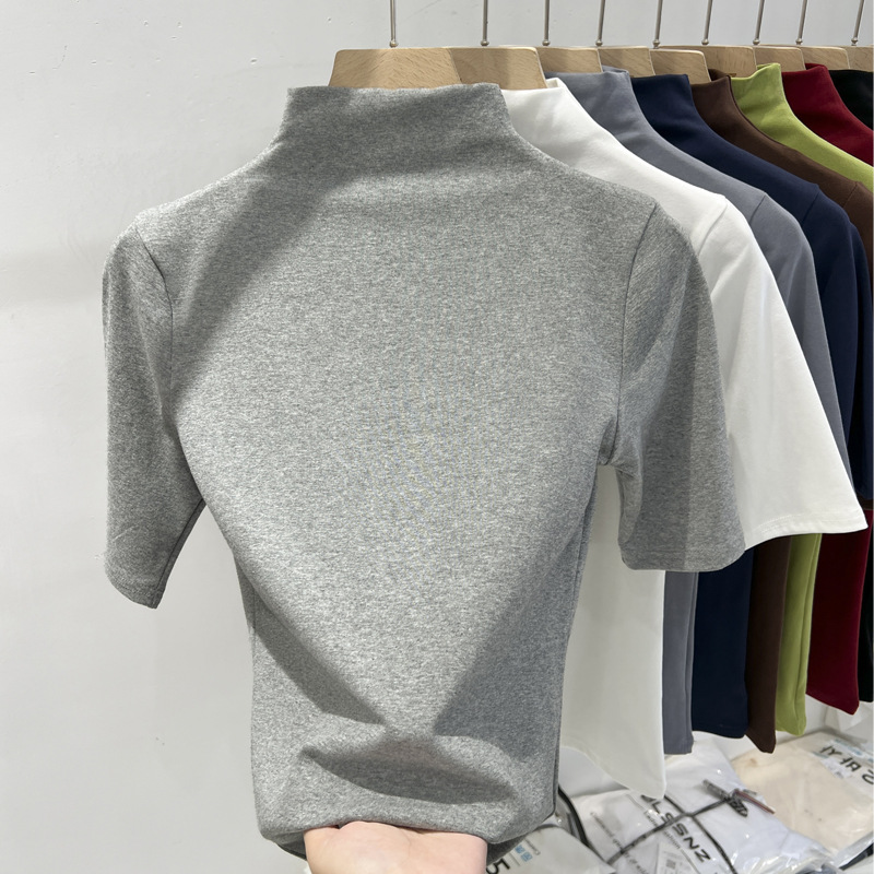 Camiseta legging de cuello medio alto para mujeres 2025 primavera nueva moda exterior delgada camiseta interior se puede usar camisa de manga corta