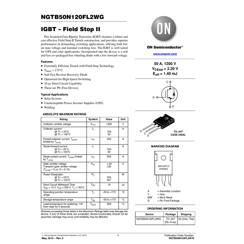 Кристаллический чип NGTB50N120FL2WGIGBT 1200V/50A FAST IGBT FSII
